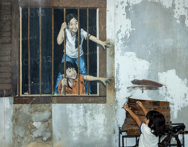 Murals with children, street art, George Town, Penang, Malaysia, Southeast Asia, Asia