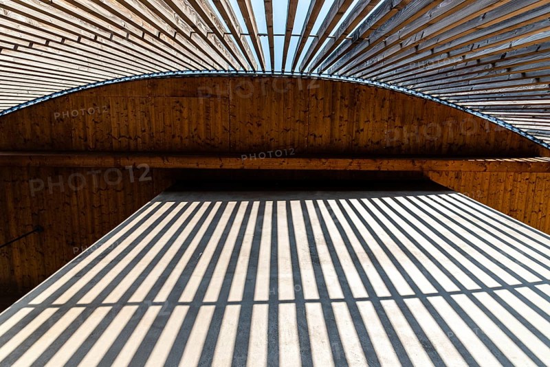 Berlin, Germany, July 28, 2019: Chapel of Reconciliation. Interior gallery covered with wooden lattice, Europe