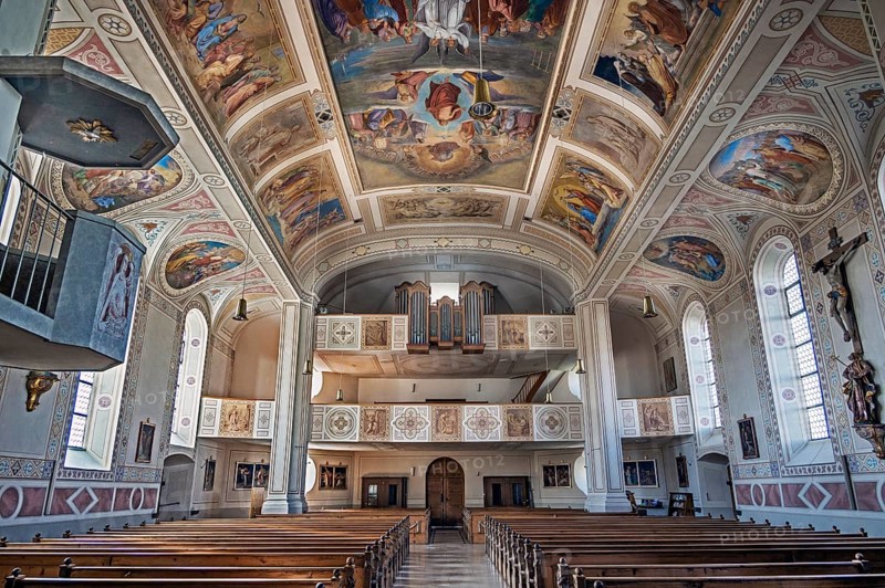 Organ loft and ceiling frescoes, St. Blasius Catholic Parish Church in Dietmannsried, Allgäu, Bavaria, Germany, Europe