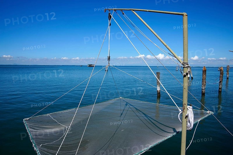 View of fishing nets, Venetian Lagoon, Isola Pellestrina, Venice Lagoon, near Chioggia, Pellestrina, Veneto, Italy, Europe