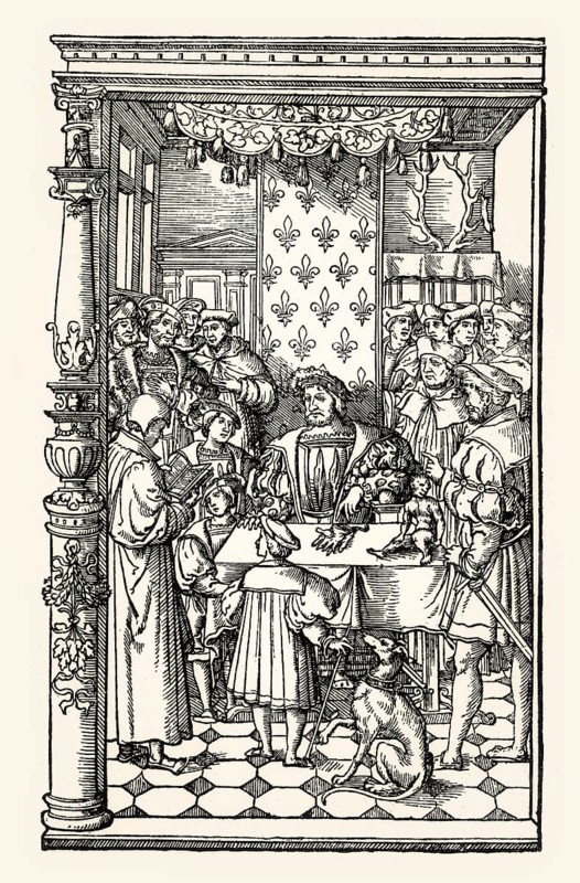 Title page by Geofroy Tory, Les Trois premiers Livres de l'Histoire de Diodore Sicilien, Mechault reading a translatin of the work of Diodoros of Sicily to Francis I, King of France, 1535, digitally restored