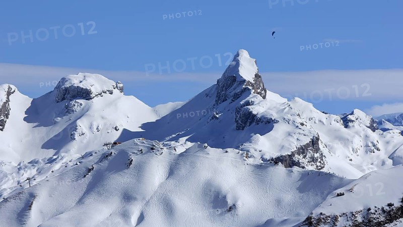 Snow covered mountains Chronenstock and Chaiserstock. View from Stoos
