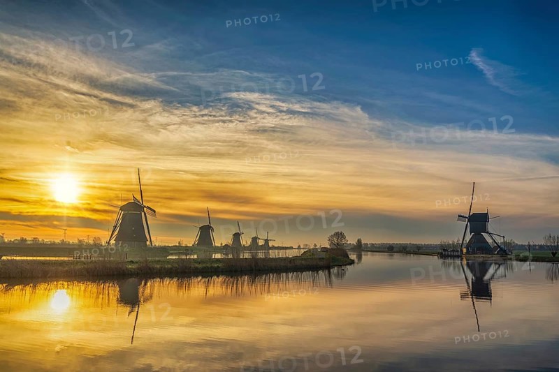 Rotterdam Netherlands, sunrise nature landscape of Dutch Windmill at Kinderdijk Village