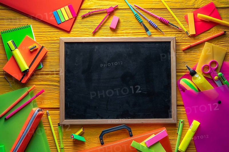 Back to school supplies arrangement vivid colorful neon color in yellow background desk