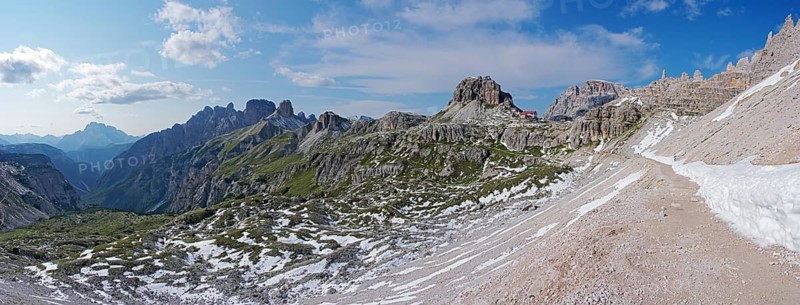 View of the Three Peaks and the Rienza Valley from the path to the Dreizinnenhütte, Sesto Dolomites, South Tyrol