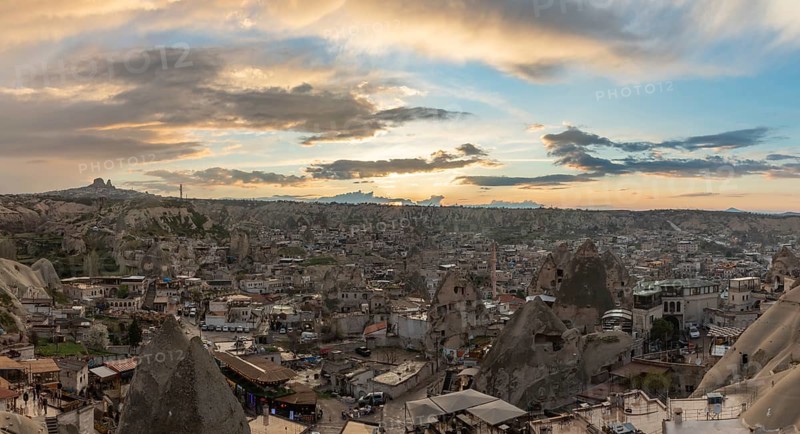 A picture of the town of Goreme, in Cappadocia, at sunset