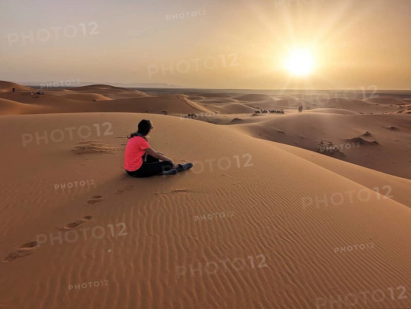 A caravan of dromedaries passing the Sahara desert in the evening, Erg Chebbi in Morocco