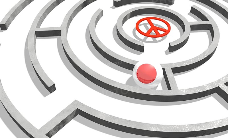 Image relative to politic situation in Japan. National flag textured sphere in labyrinth. 3d rendering