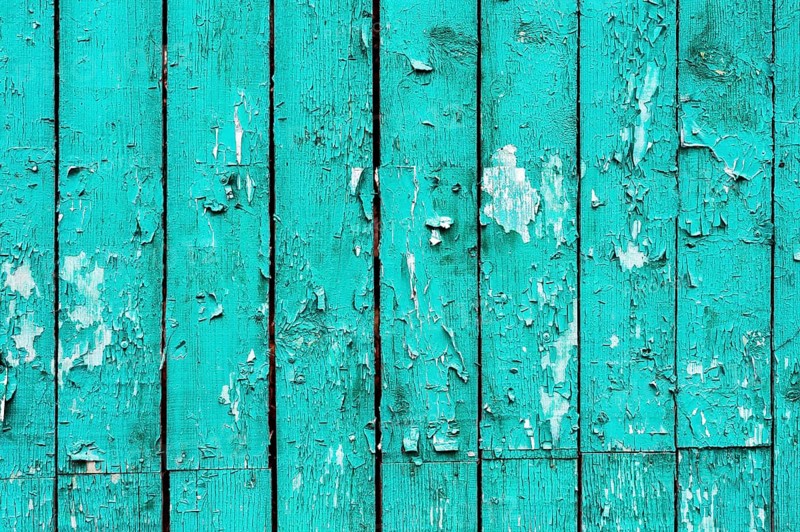 Old boards with cracked cyan paint. Textured wooden old background with vertical lines. Cyan wooden planks for your design. Green-blue many times painted old wall with lagged fragments of paint lagging behind the surface