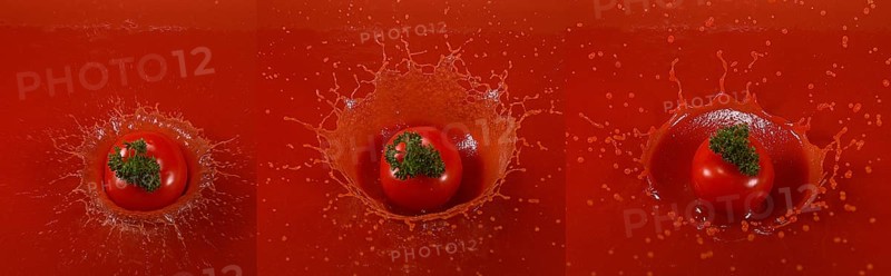 Cherry Tomatoe (solanum lycopersicum), Fruit falling into tomatoe's Juice
