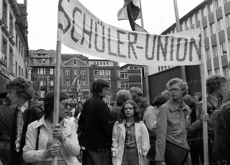 The Schuelermitverantwortung (SMV) campaigned for co-determination for students and apprentices on 1 July 1974 with a congress and subsequent demonstration in Recklinghausen, Germany, Europe