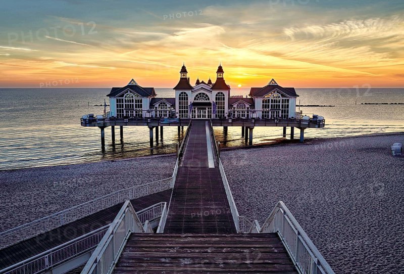 Sunset behind famous sight pier of Sellin on isle of rugia