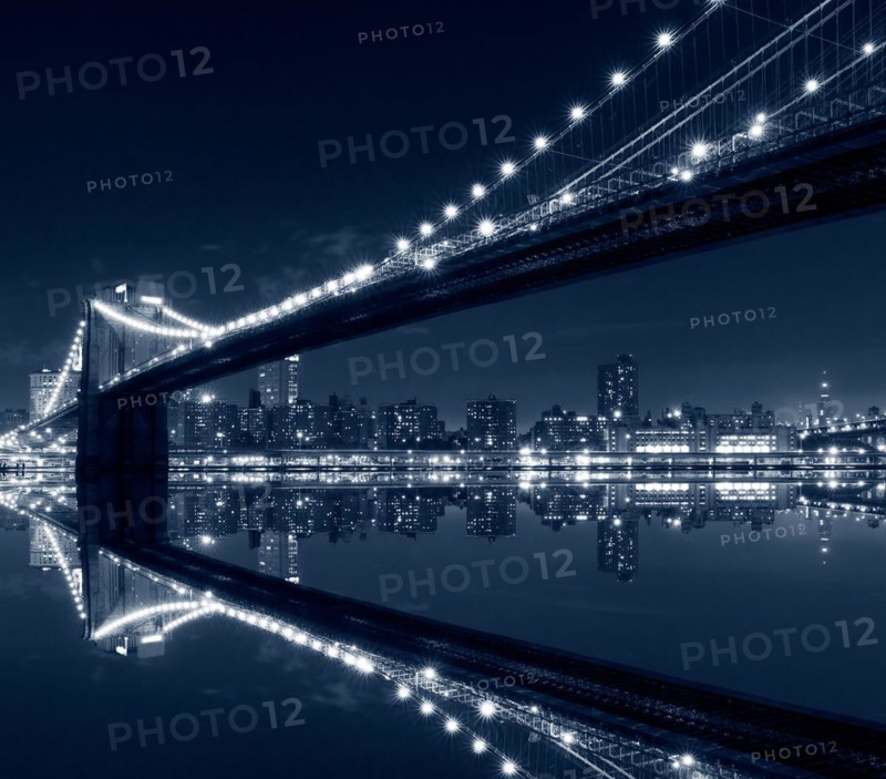 New York City, Brooklyn Bridge with reflections on water