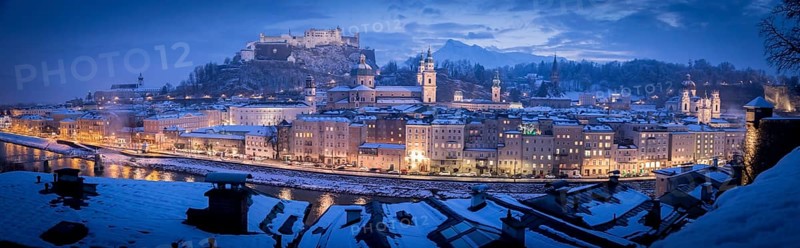 Salzburg old city at christmas time, snowy in the evening, Austria, Europe