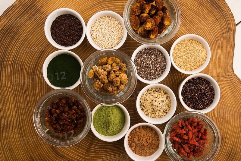 Bowls of various superfoods