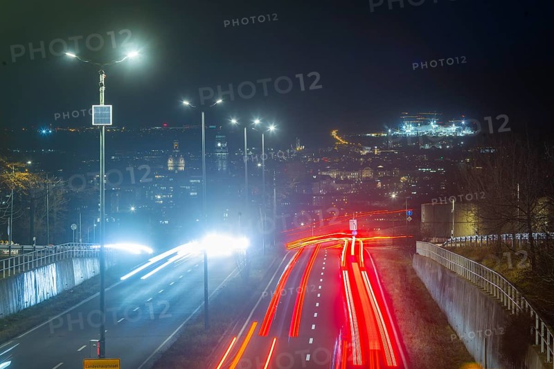 Well-developed traffic junction Bergstrasse B170 with access to the A17 motorway. Dresden lies in the valley and the Inifineon construction site shines on the horizon, Dresden, Saxony, Germany, Europe