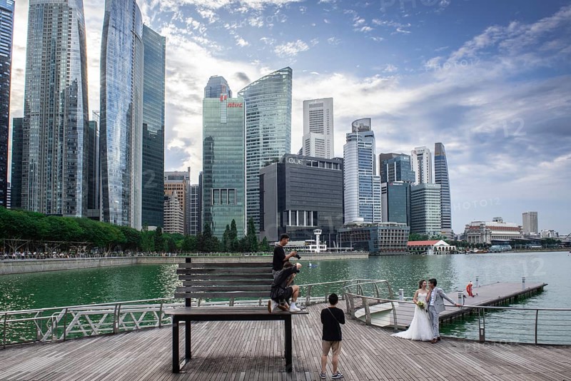 View over Marina Bay to skyscrapers, Singapore, Republic of Singapore, Asia