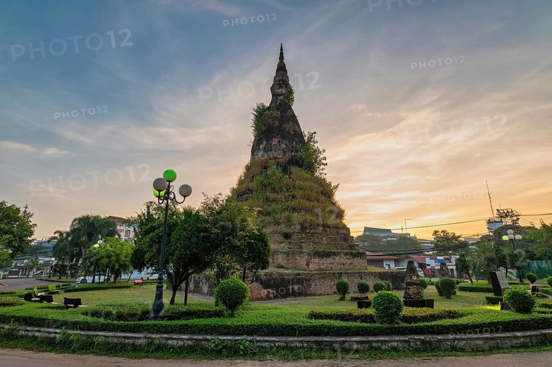 Vientiane Laos, sunrise city skyline at That Dam Stupa or Black Pagoda