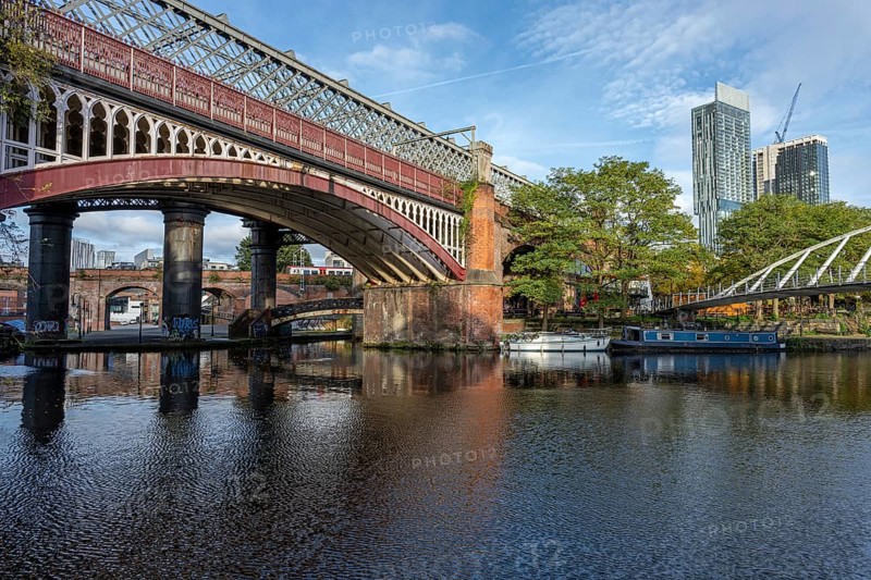 The Castlefield Viaduct, an old railway bridge in Manchester, England, Great Britain