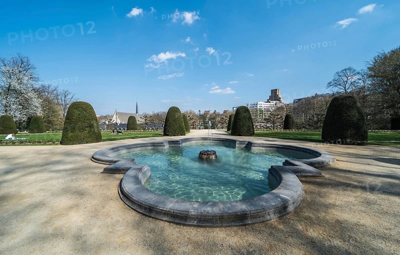 Ixelles, Brussels, Belgium, 03 30 2019: Panoramic ultra wide view over the park and site of the La Cambre Abbey, Europe