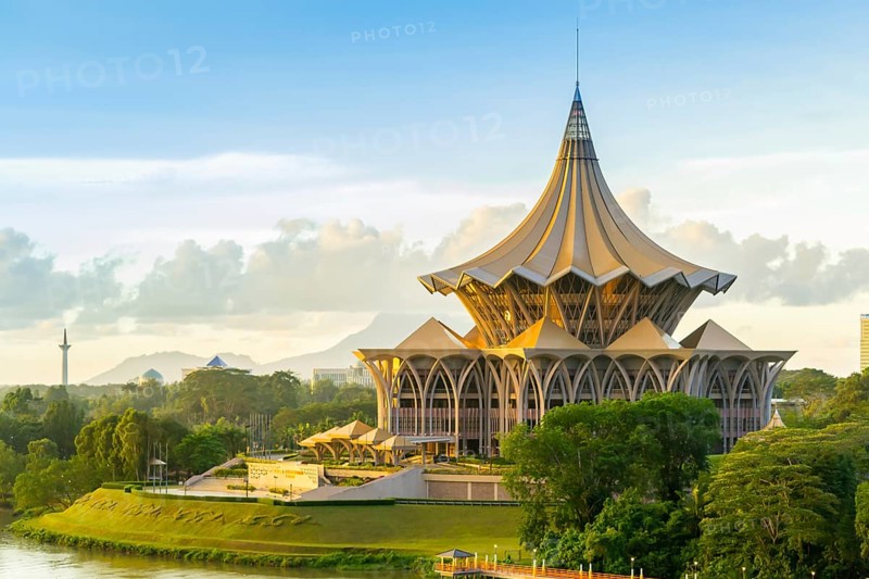 View of the Esplanade on the riverside in Kuching, Malaysia, Borneo during sunset, Asia