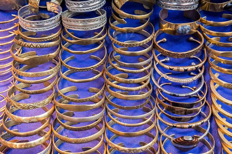Golden bracelets in a shop in a souk in Marrakech. Morocco