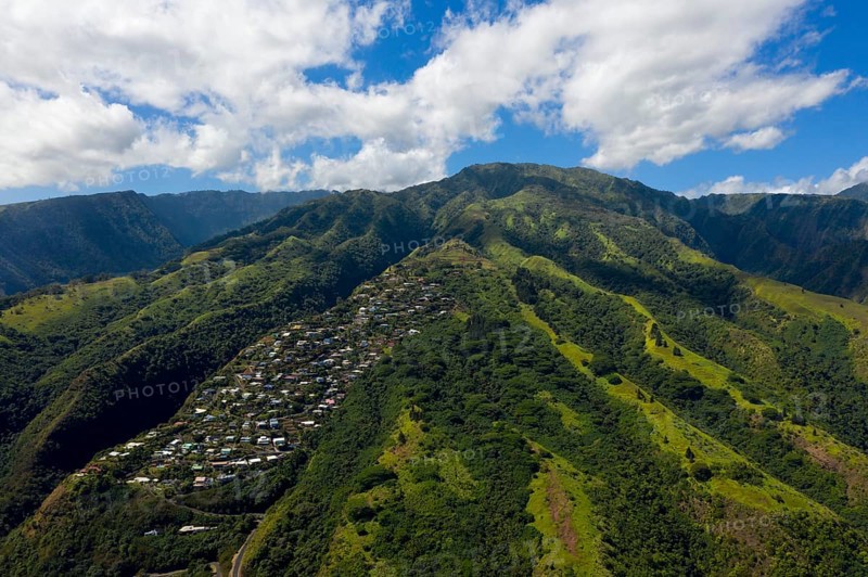 Aerial view of the west coast of Tahiti, Tahiti, French Polynesia, Oceania