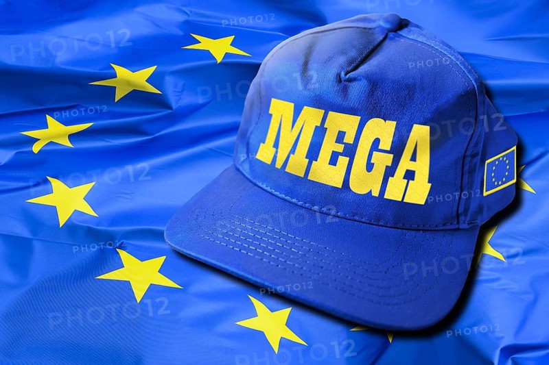 Cap with inscription MEGA on EU flag, photomontage