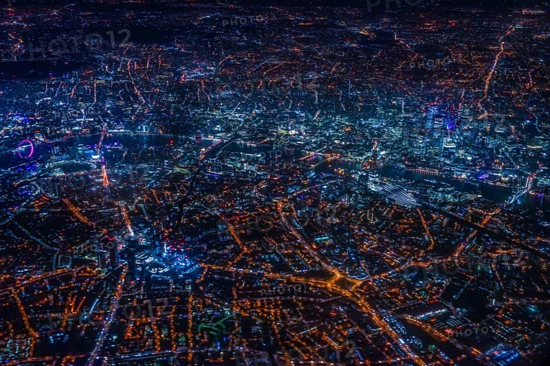 London night view as seen from an airplane. Shooting Location: United Kingdom, London