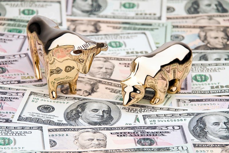Many dollar banknotes with bull and bear. Investing in shares Austria