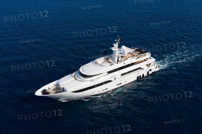 Aerial view 42, 6 metre long motor yacht EMOTION 2, delivered in 2007 by the Italian shipyard CRN, cruising off the Principality of Monaco, Cote d'Azur, Mediterranean Sea
