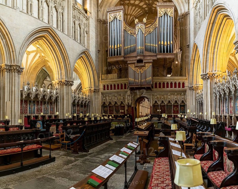 Wells, United Kingdom, 1 September, 2022: view of the Choir and the church organ inside the historic cathedral of Wells, Europe