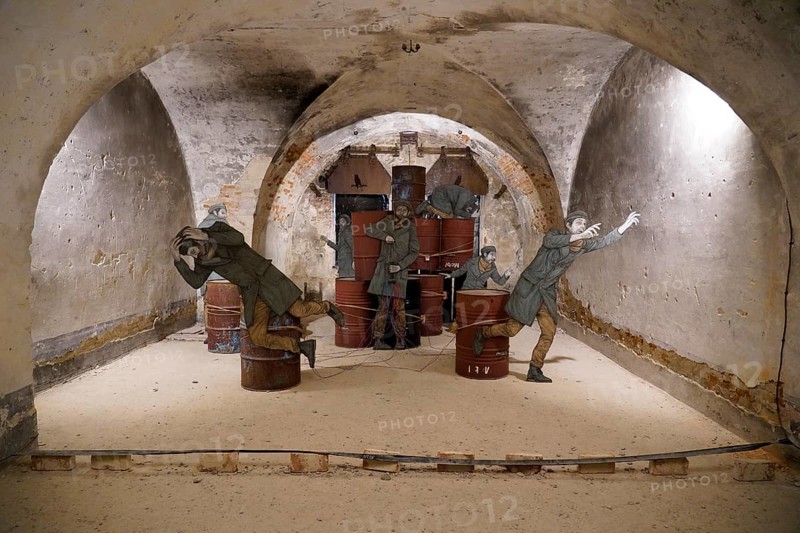 MAUSA VAUBAN, Museum of Urban Art and Street Art, Neuf-Brisach Fortress, France, Europe, sculptures of human figures depicting an escape scene in a cellar surrounded by old walls, Europe