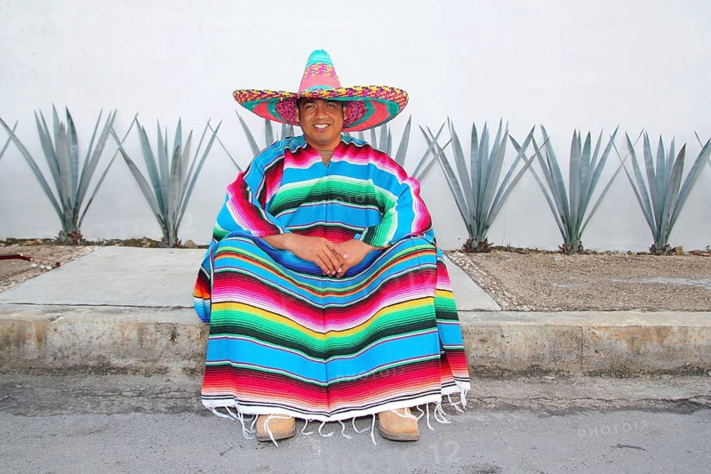 Mexican man sit sombrero serape and agave cactus smiling