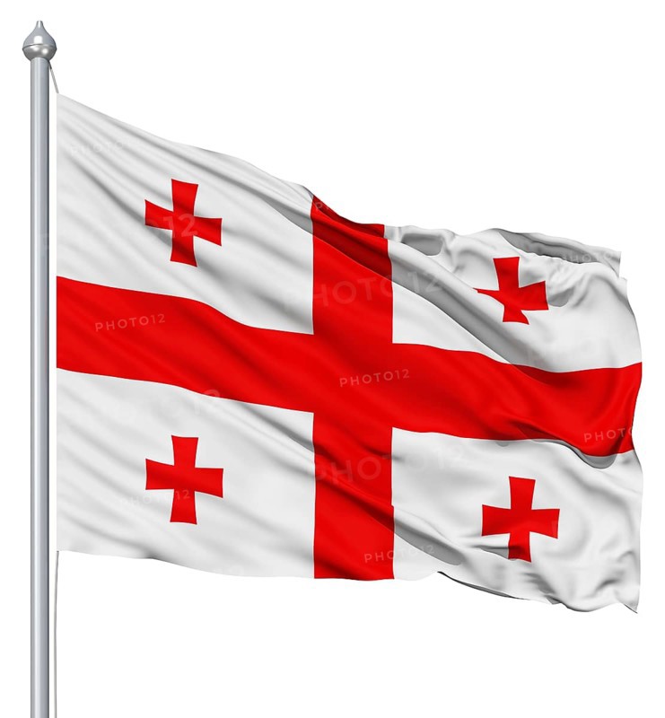 Flag of Georgia with flagpole waving in the wind against white background