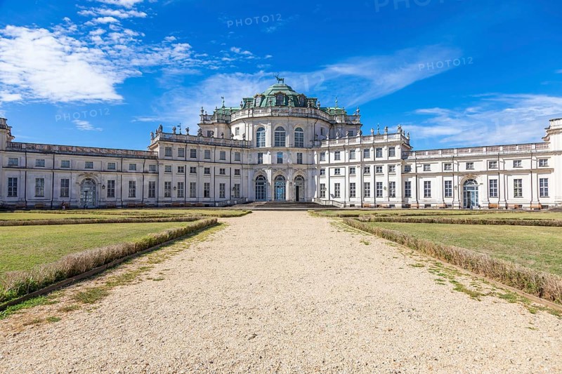 Stupinigi, Italy, 19 August 2022: Stupinigi royal palace exterior, Italy travel destination, blue sky, nobody, Europe