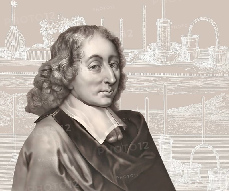 Portrait of Blaise Pascal with a page of Traitez de l'equilibre des liqueurs, et de la pesanteur de la masse de l'air, 1663