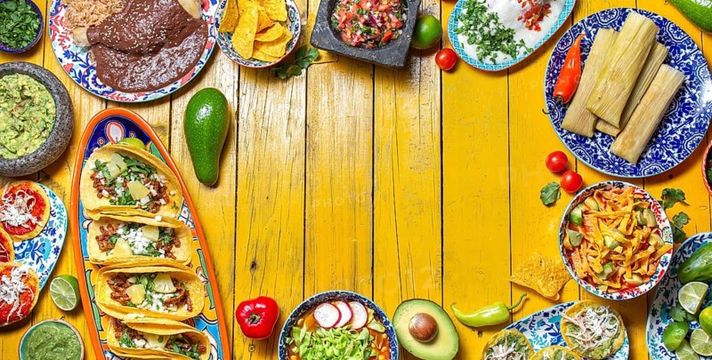 Food, Food, Mexican festive food for independence day, independencia chiles en nogada, tacos al pastor, chalupas pozole, tamales, chicken with mole poblano sauce. Yellow background