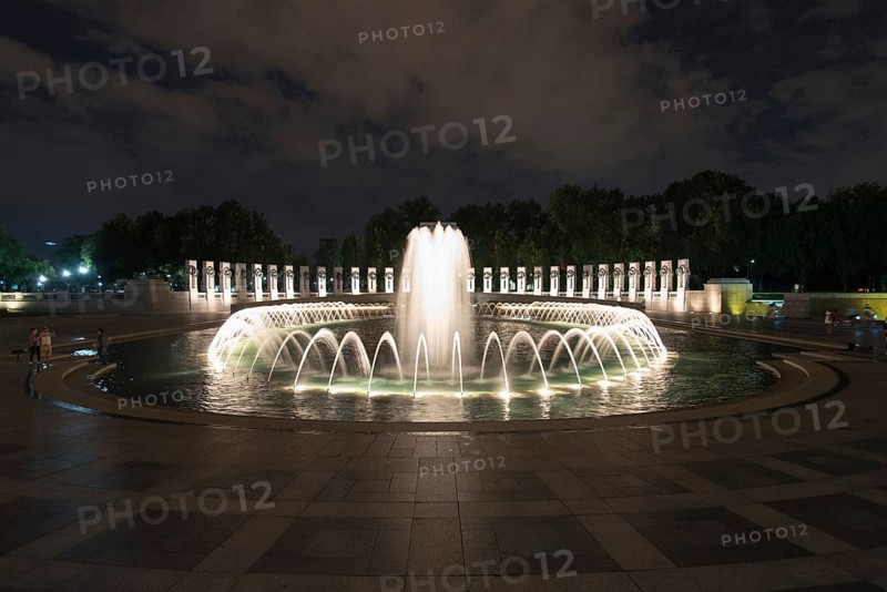 WASHINGTON, USA, AUGUST 12, 2022, Fountain at World War II memorial at night in Washington, USA, North America