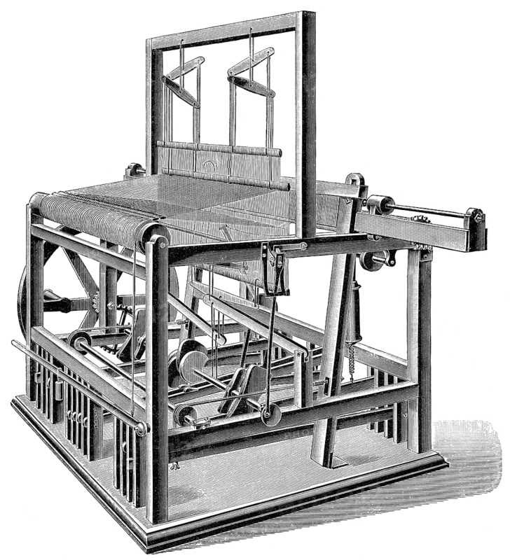 Mechanical weaving loom, 19th century, Historische Zeichnung, mechanischer Webstuhl, Anfang 19. Jahrhundert