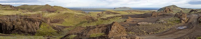 Moss-covered volcanic mountain landscape, panoramic shot, Pakgil, Iceland, Europe