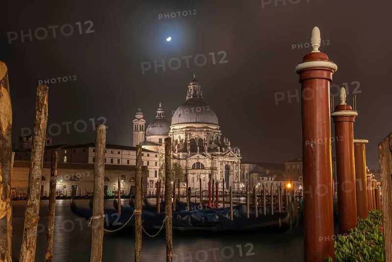 Old Baroque Church Santa Maria della Salute at Night, Venice, Italy, Europe