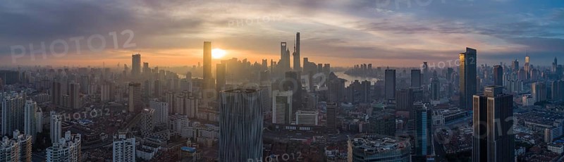 Shanghai Skyline at Sunrise. Panoramic Aerial View