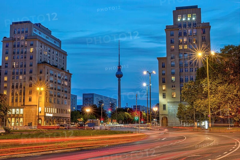 Strausberger Platz in Berlin with its Stalinist architecture at dusk