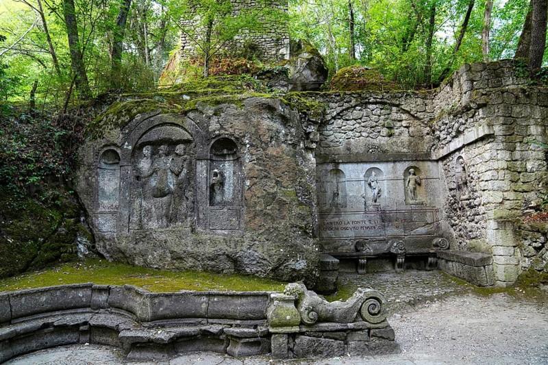 Sacro Bosco, Sacred Forest, Park of the Monsters, Parco dei Mostri, grotesque, monumental sculptures, antique architecture, city of Bomarzo, province of Viterbo, Lazio region, Italy, Bomarzo, Lazio, Italy, Europe
