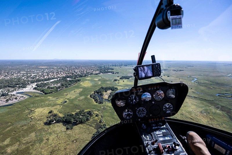 Okawango Delta Pfannenstil, Helicopter cockpit over the Okawango Delta, aerial view, Botswana, Africa