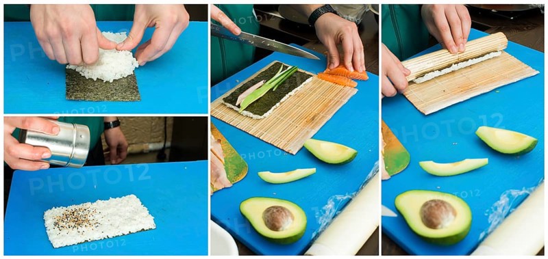 Making sushi. Blue base background