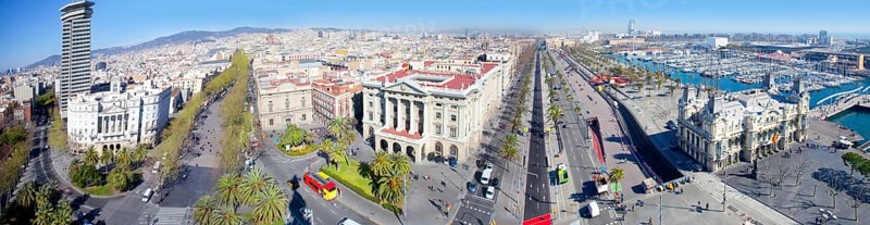 Aerial panoramic Barcelona view Port Passeig Colon and Ramblas