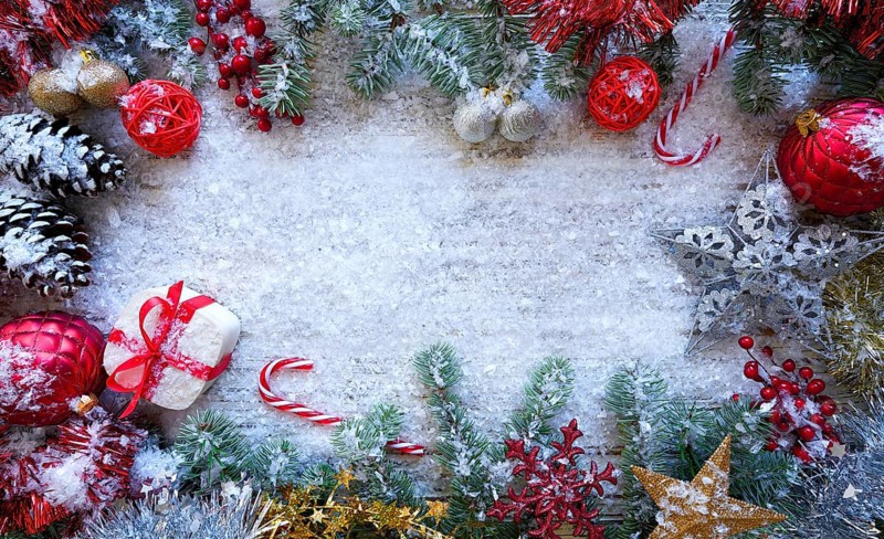 Christmas border frame on white snow background