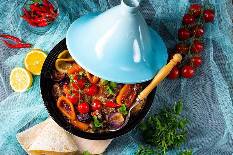 Delicious spicy beef cooked with various vegetables in tagine